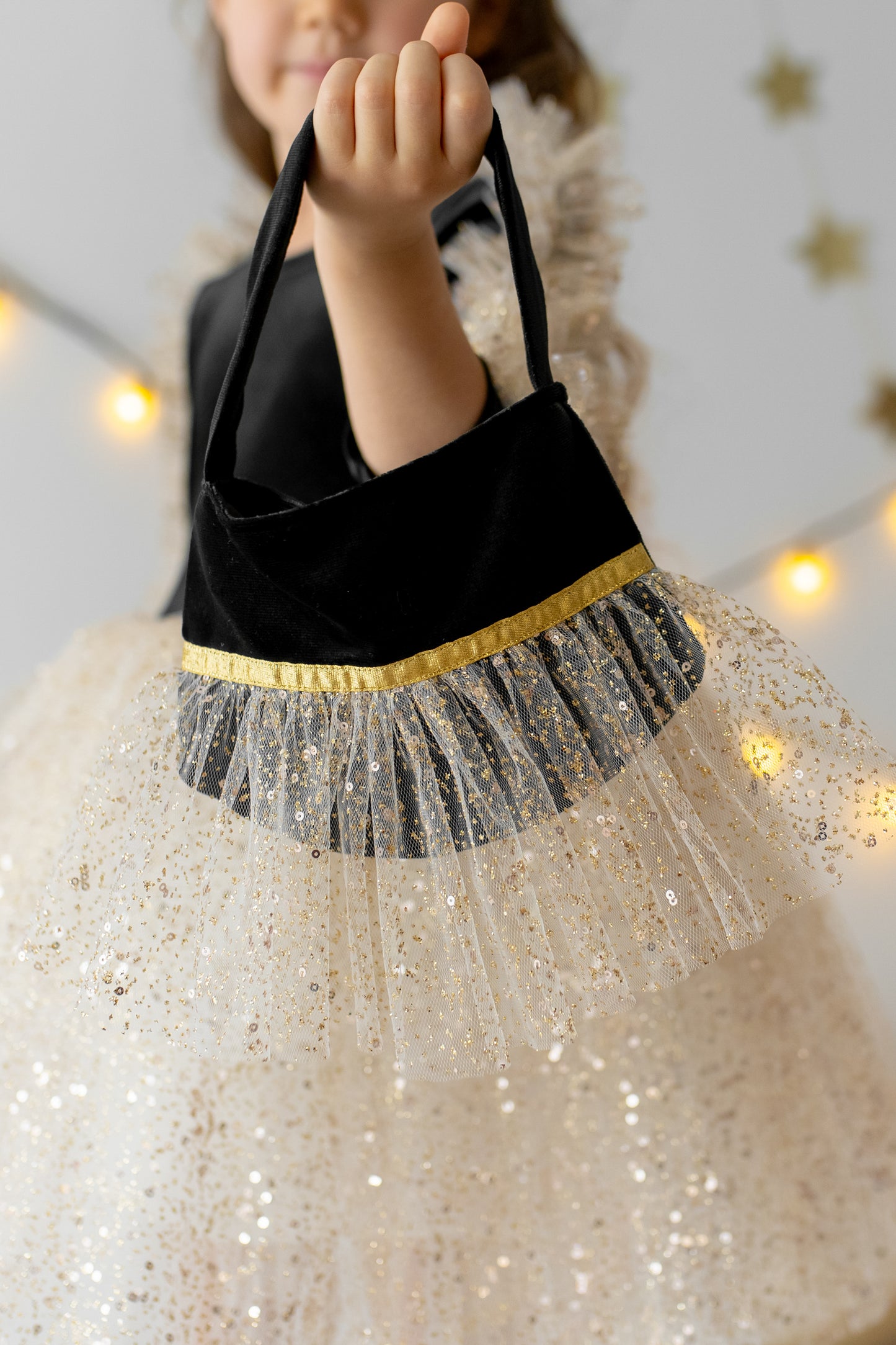 Black Velvet Baby Christmas Dress: Gold Tulle with Personalized Bag