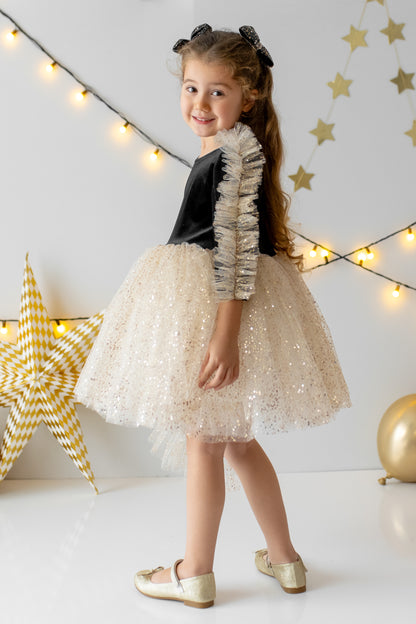 Black Velvet Baby Christmas Dress: Gold Tulle with Personalized Bag
