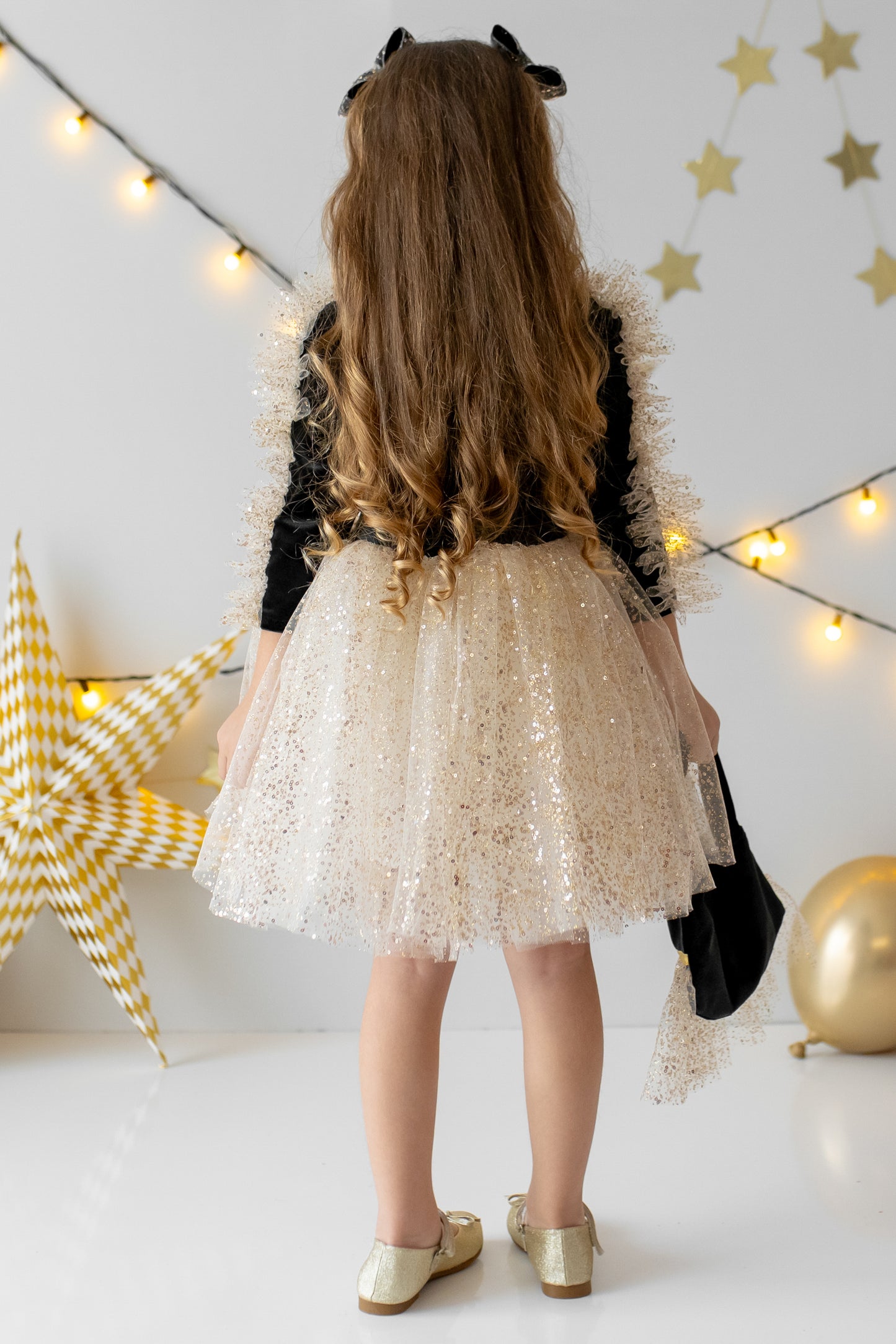 Black Velvet Baby Christmas Dress: Gold Tulle with Personalized Bag