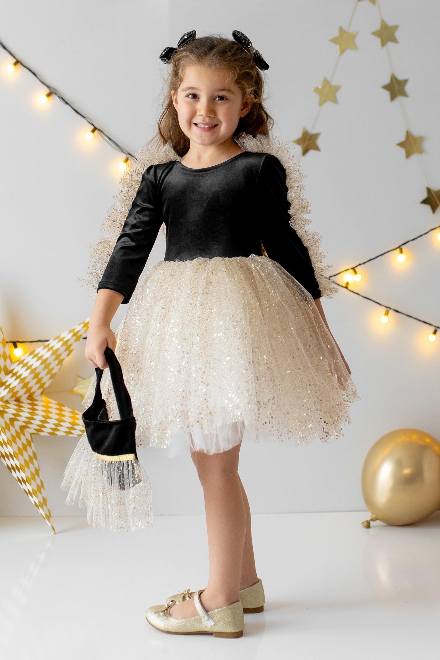 Black Velvet Baby Christmas Dress: Gold Tulle with Personalized Bag