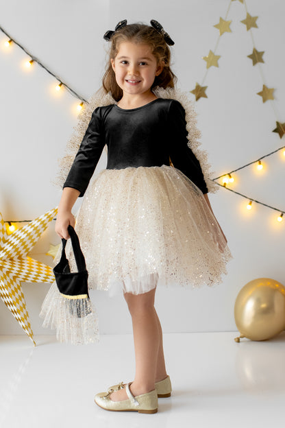 Black Velvet Baby Christmas Dress: Gold Tulle with Personalized Bag