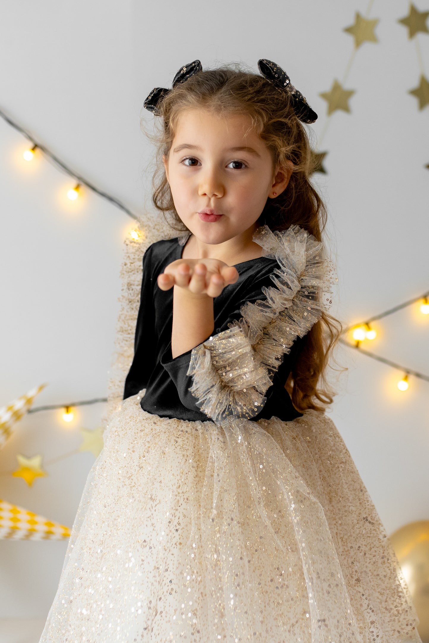 Black Velvet Baby Christmas Dress: Gold Tulle with Personalized Bag