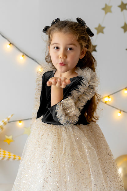 Black Velvet Baby Christmas Dress: Gold Tulle with Personalized Bag