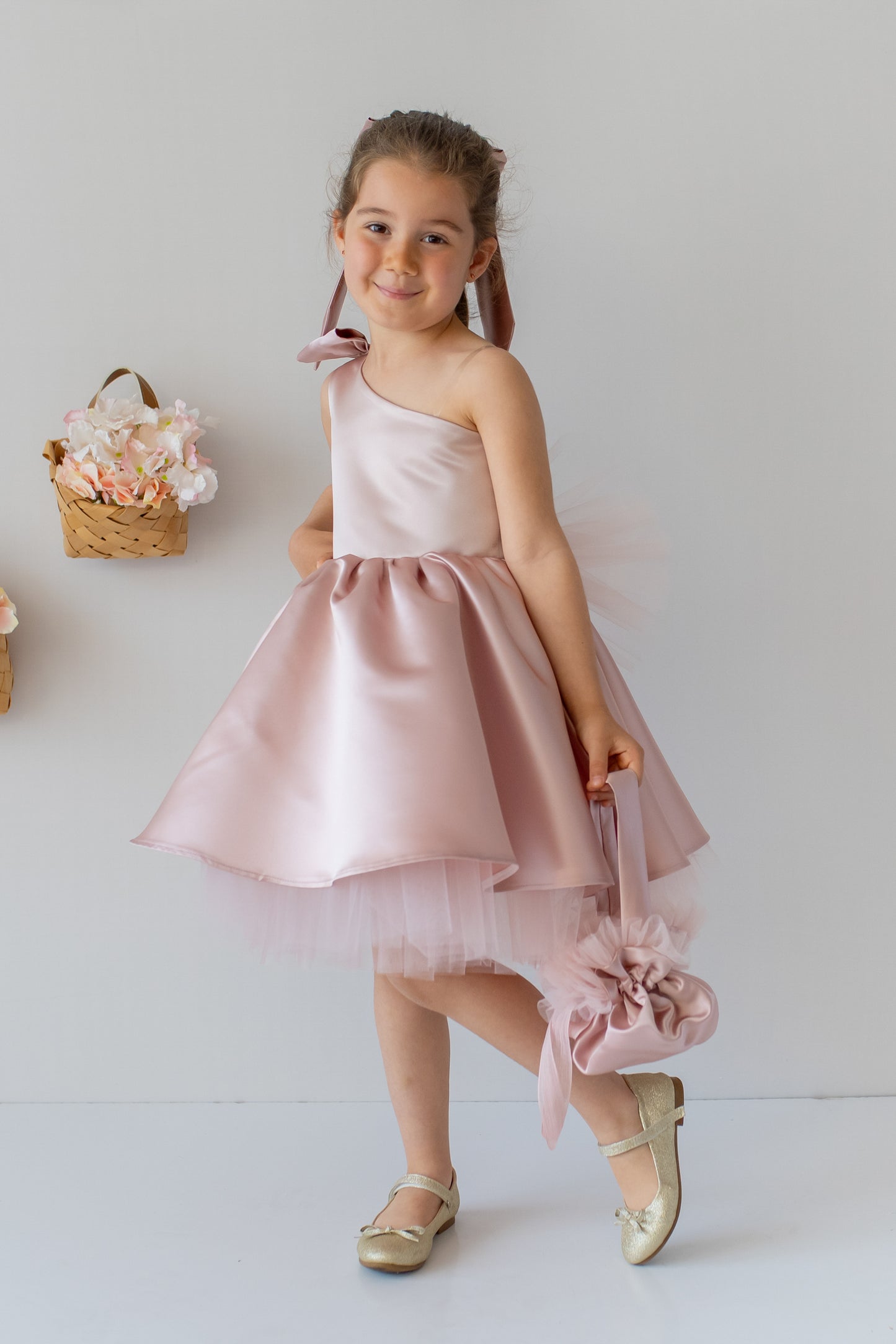 Blush Pink Flower Girl Dress: One-Shoulder