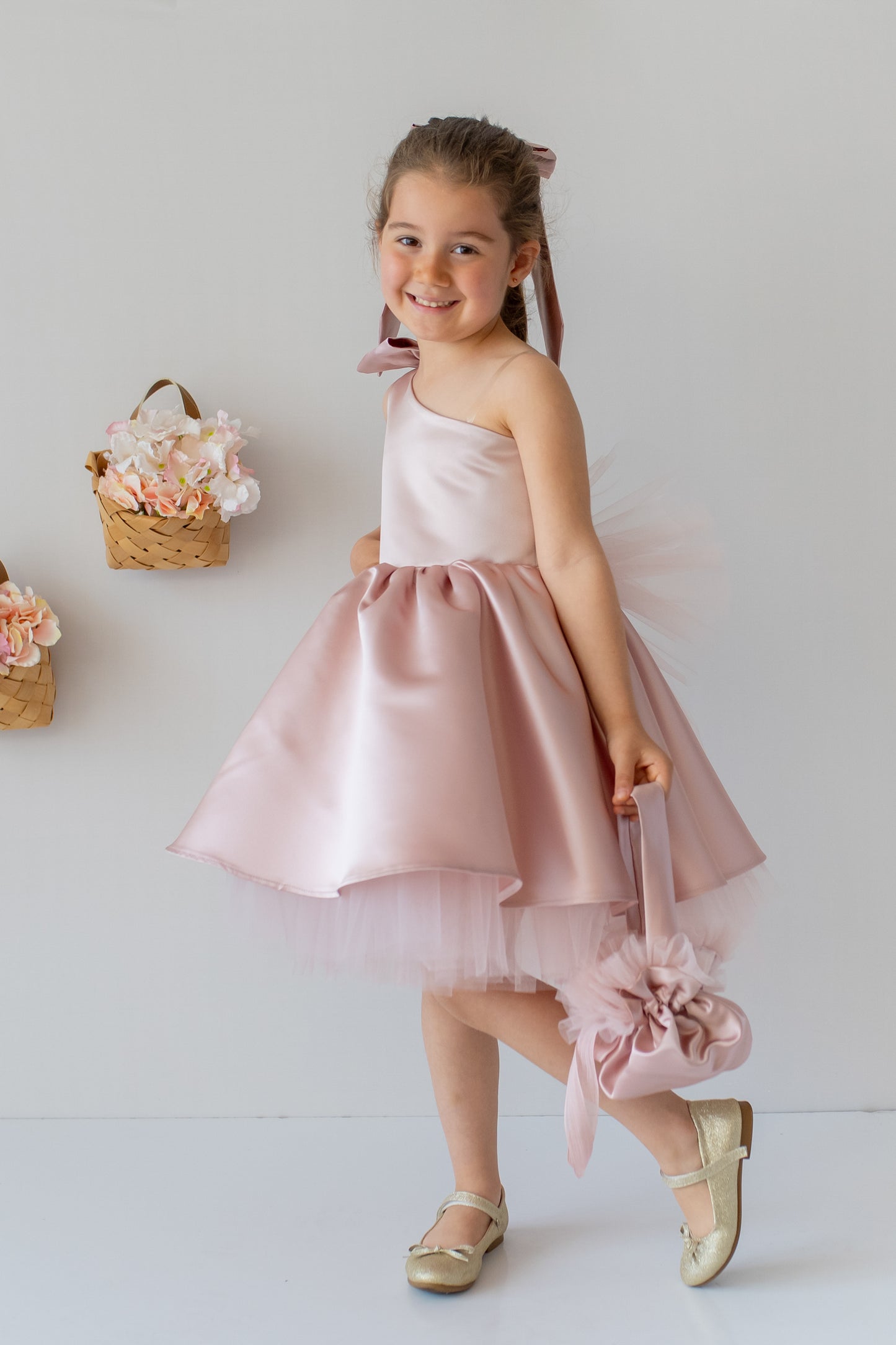 Blush Pink Flower Girl Dress: One-Shoulder