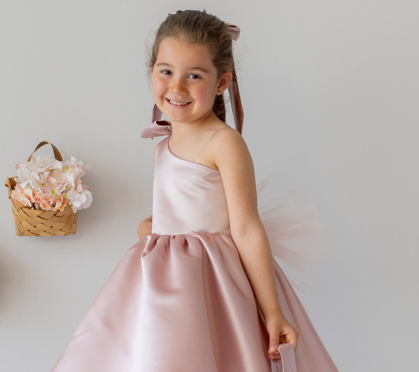 Blush Pink Satin Flower Girl Dress: One-Shoulder Tulle Bow