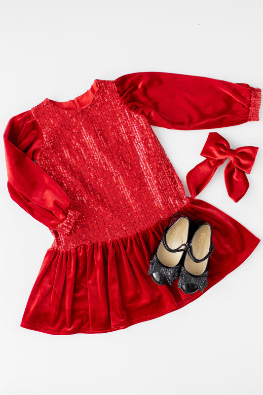 Red Sequin Velvet Christmas Dress: Baby Party Tulle Dress
