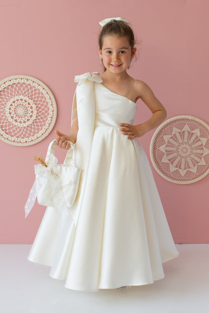 Ivory Satin Dress: One-Shoulder Gown with Bow