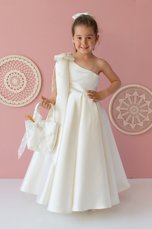 Ivory Satin Dress: One-Shoulder Gown with Bow