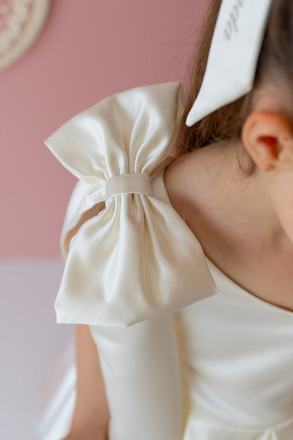 Ivory Satin Dress: One-Shoulder Gown with Bow