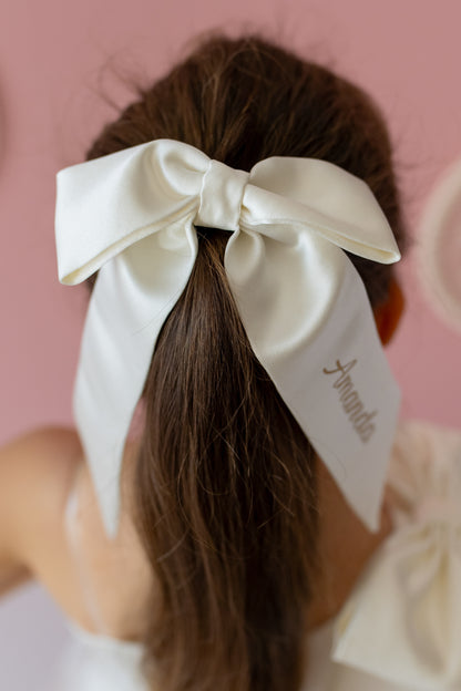 Ivory Satin Dress: One-Shoulder Gown with Bow