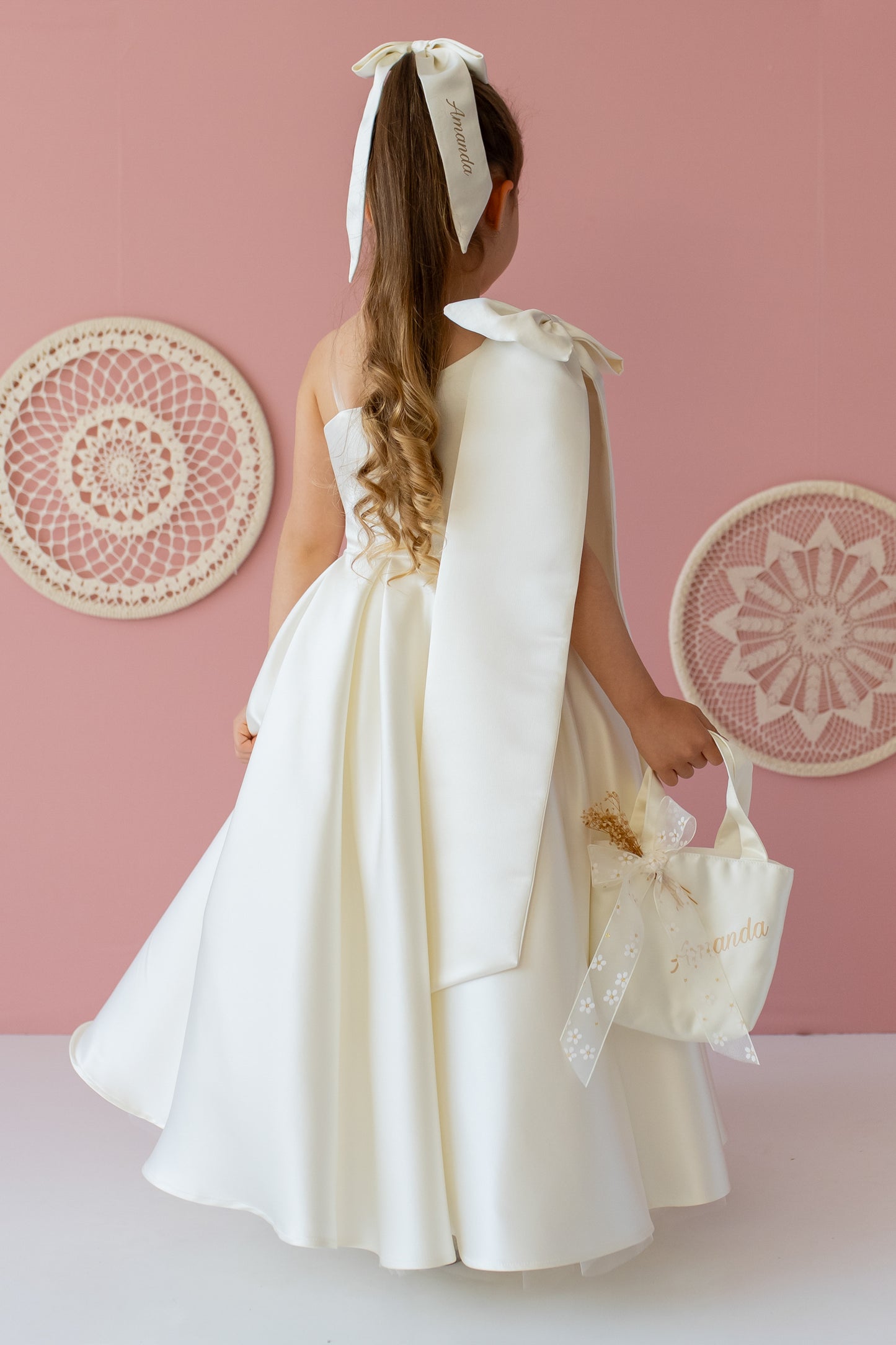 Ivory Satin Dress: One-Shoulder Gown with Bow