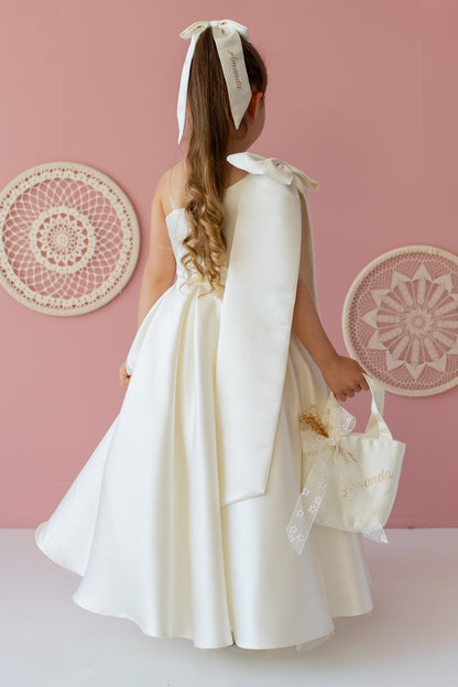 Ivory Satin Dress: One-Shoulder Gown with Bow