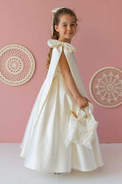 Ivory Satin Dress: One-Shoulder Gown with Bow