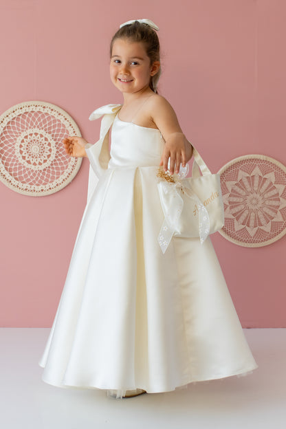 Ivory Satin Dress: One-Shoulder Gown with Bow