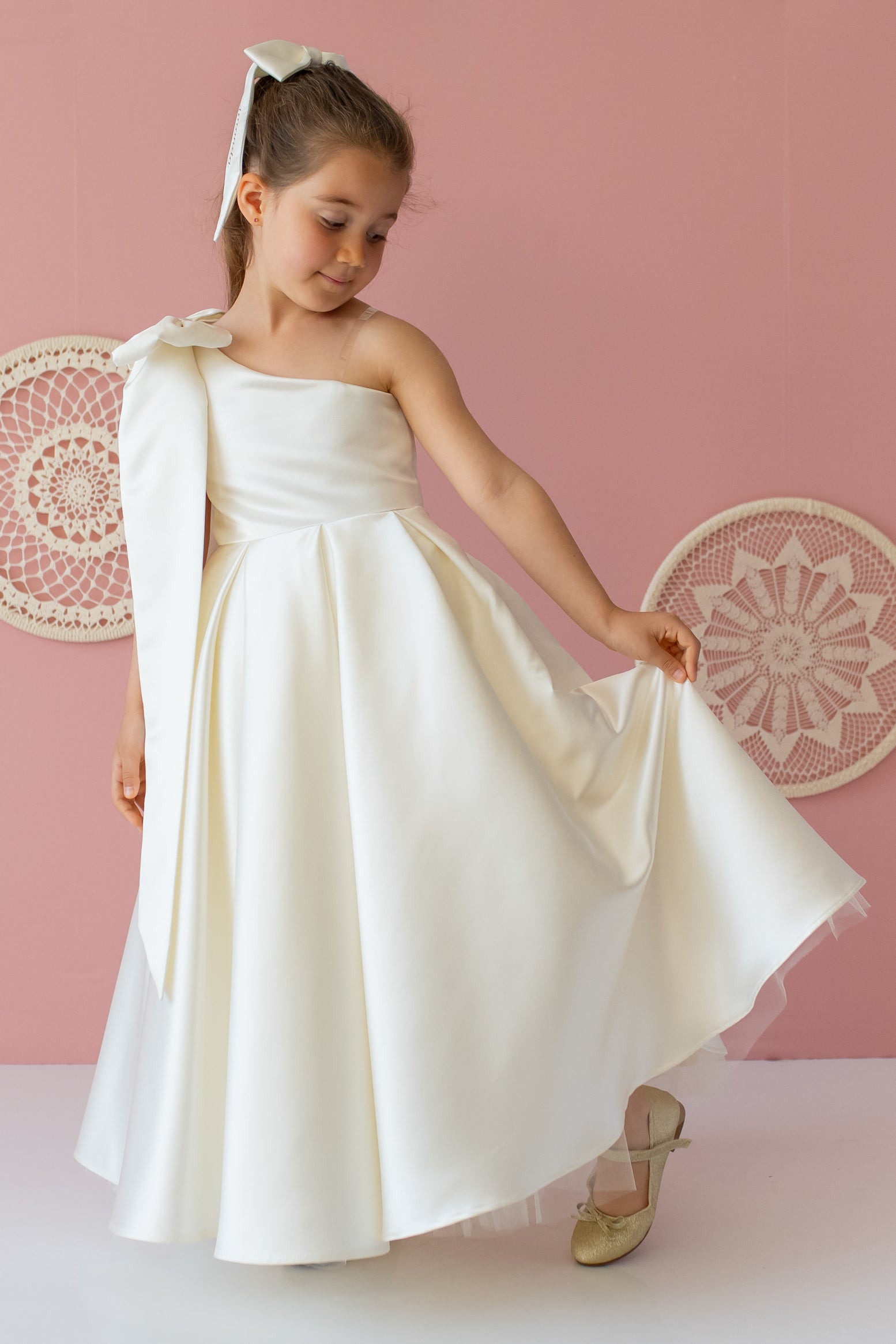 Ivory Satin Dress: One-Shoulder Gown with Bow 6 / Dress&Bow&Pouch Bag