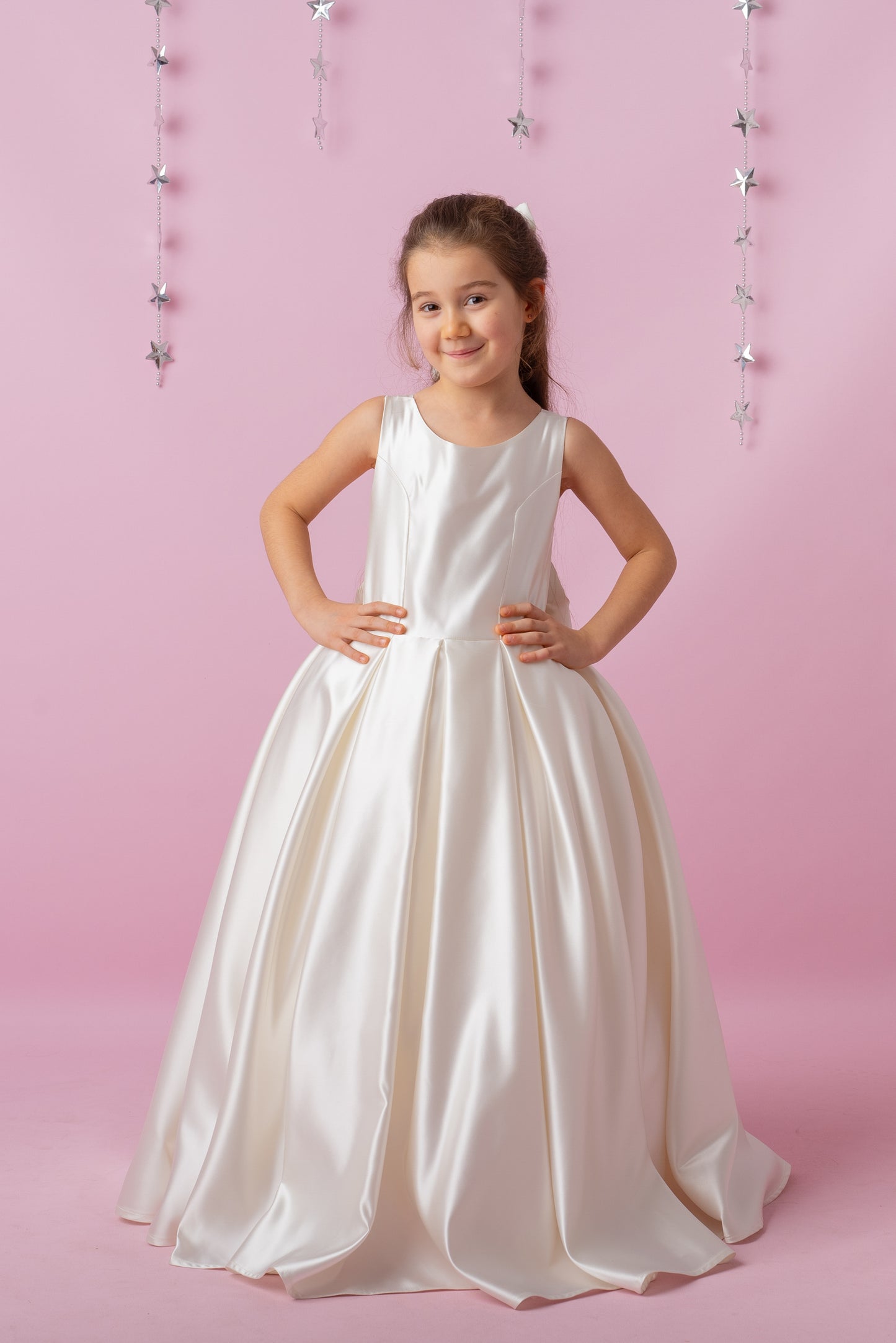 Ivory Satin Flower Girl Dress: Wedding Gown with Bow