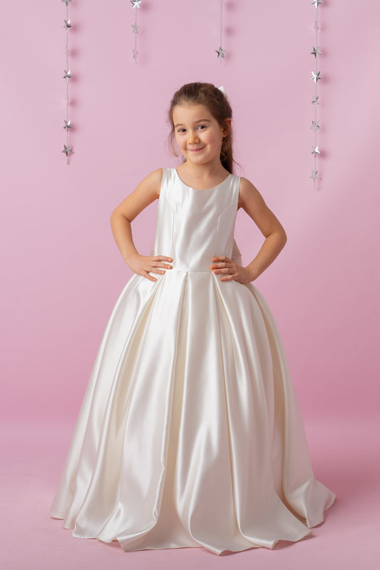 Ivory Satin Flower Girl Dress: Wedding Gown with Bow