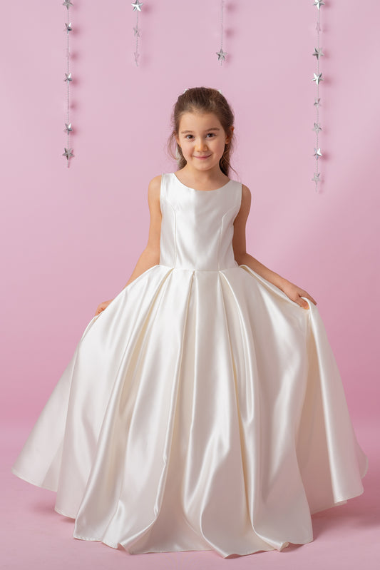 Ivory Satin Flower Girl Dress: Wedding Gown with Bow