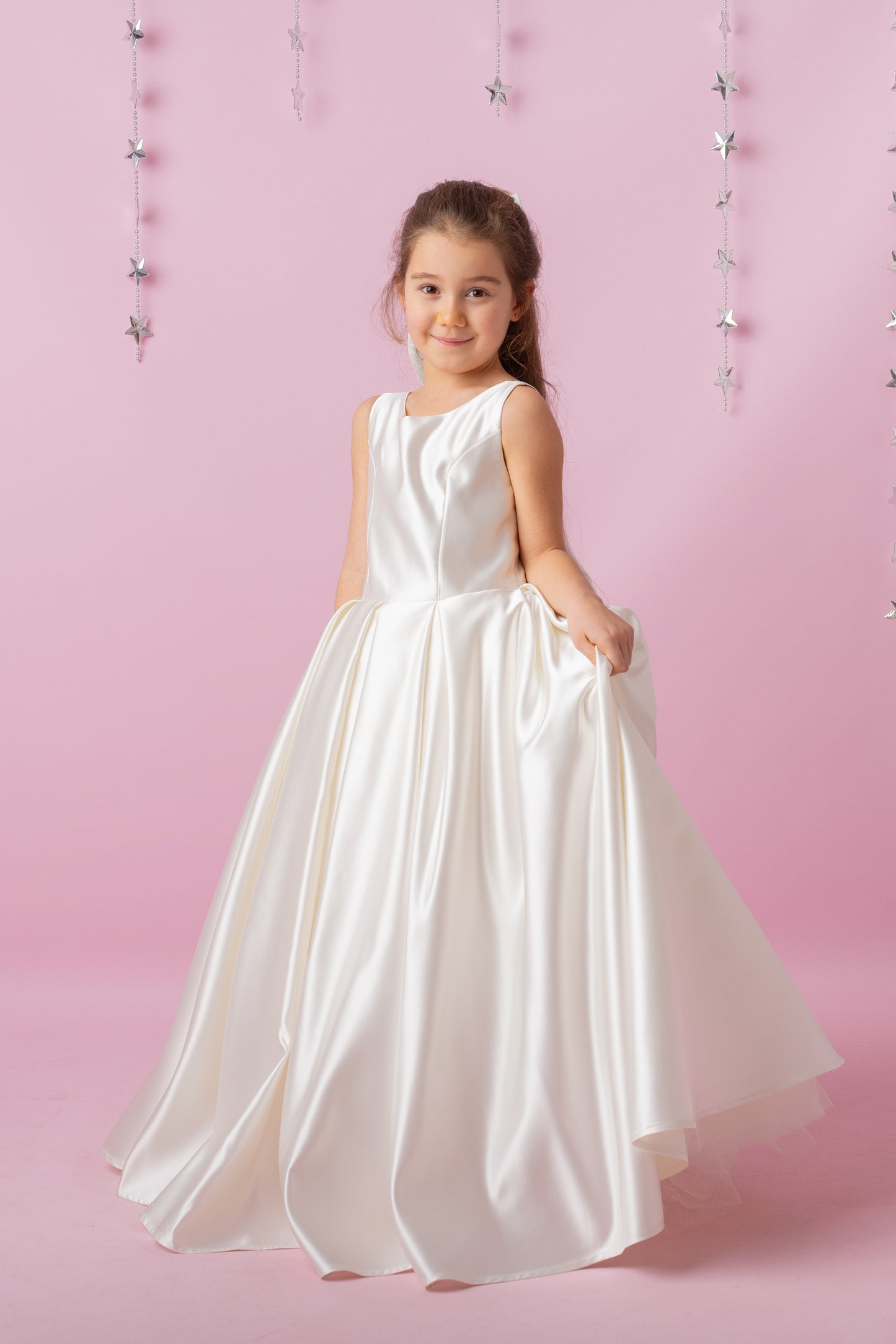 Ivory Satin Flower Girl Dress: Wedding Gown with Bow