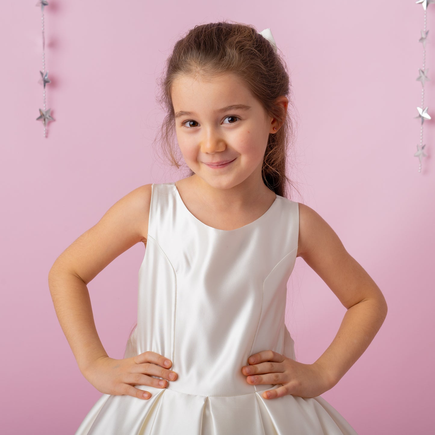 Ivory Satin Flower Girl Dress: Wedding Gown with Bow