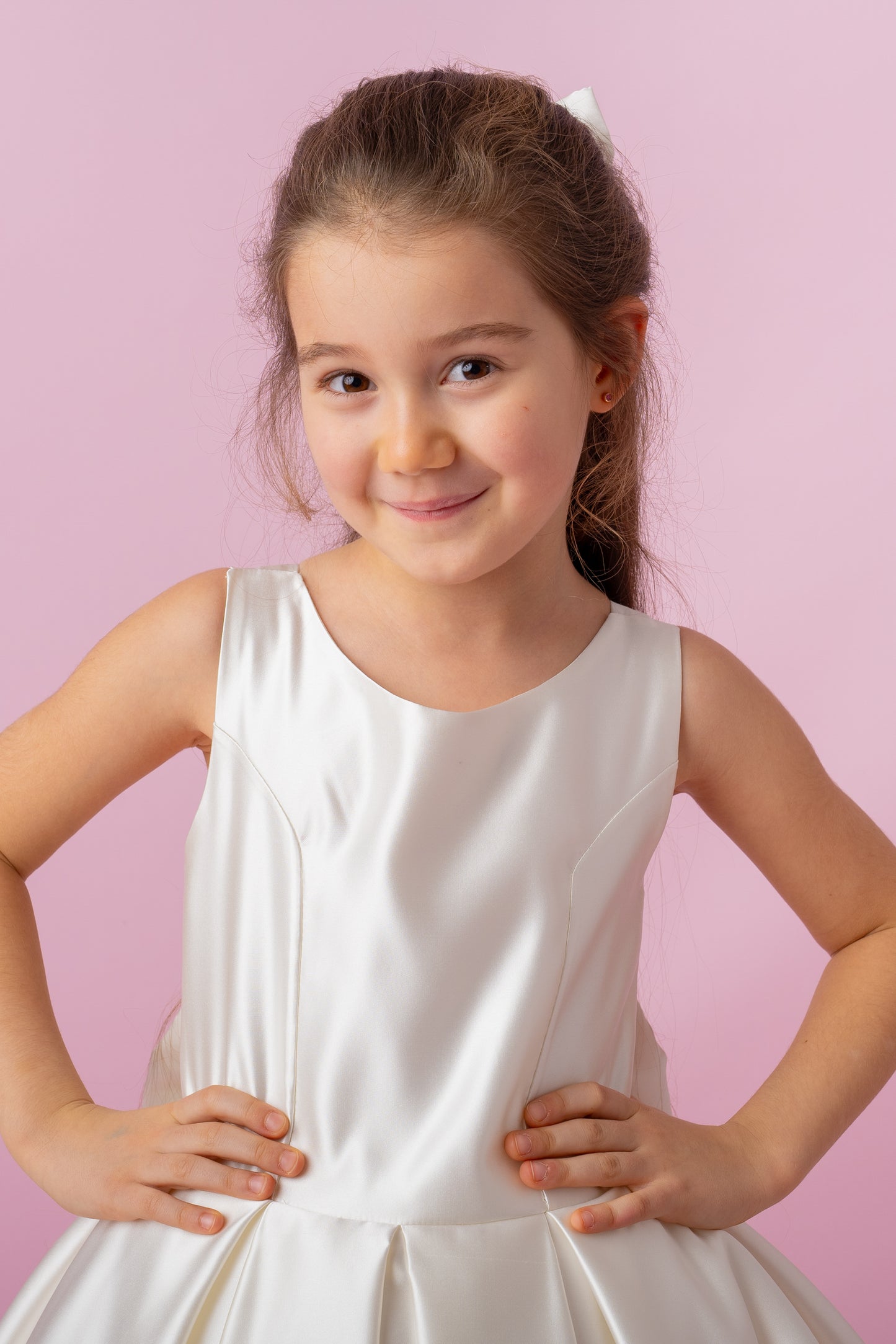 Ivory Satin Flower Girl Dress: Wedding Gown with Bow