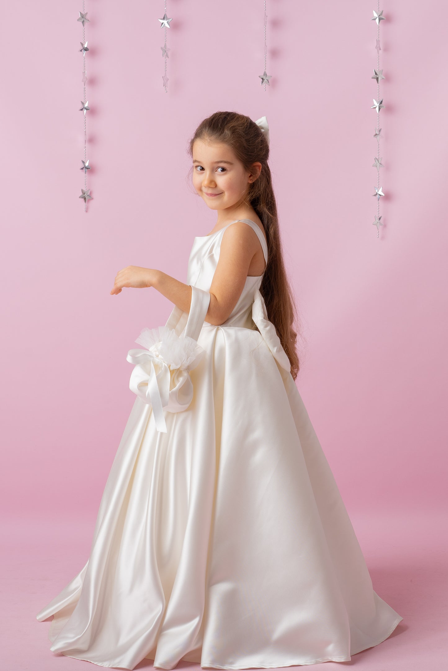Ivory Satin Flower Girl Dress: Wedding Gown with Bow