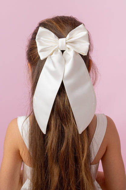 Ivory Satin Flower Girl Dress: Wedding Gown with Bow