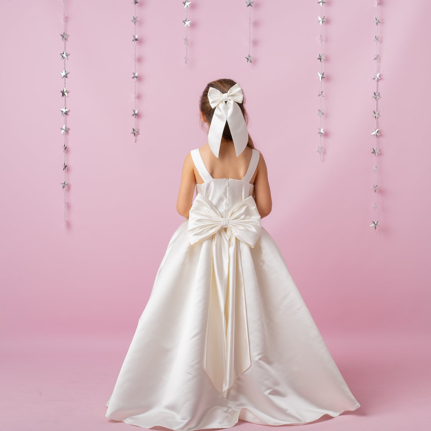 Ivory Satin Flower Girl Dress: Wedding Gown with Bow