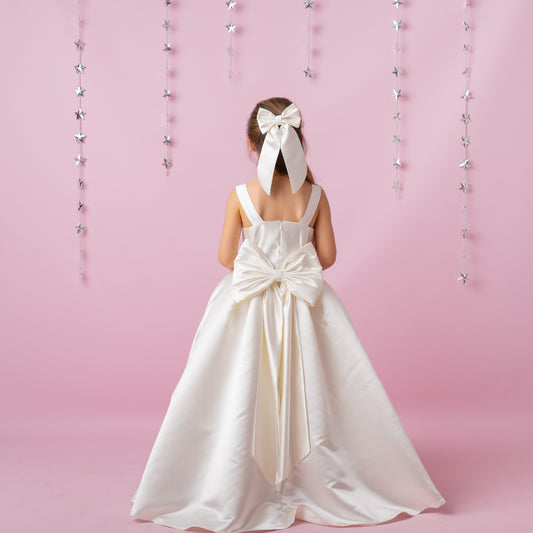 Ivory Satin Flower Girl Dress: Wedding Gown with Bow