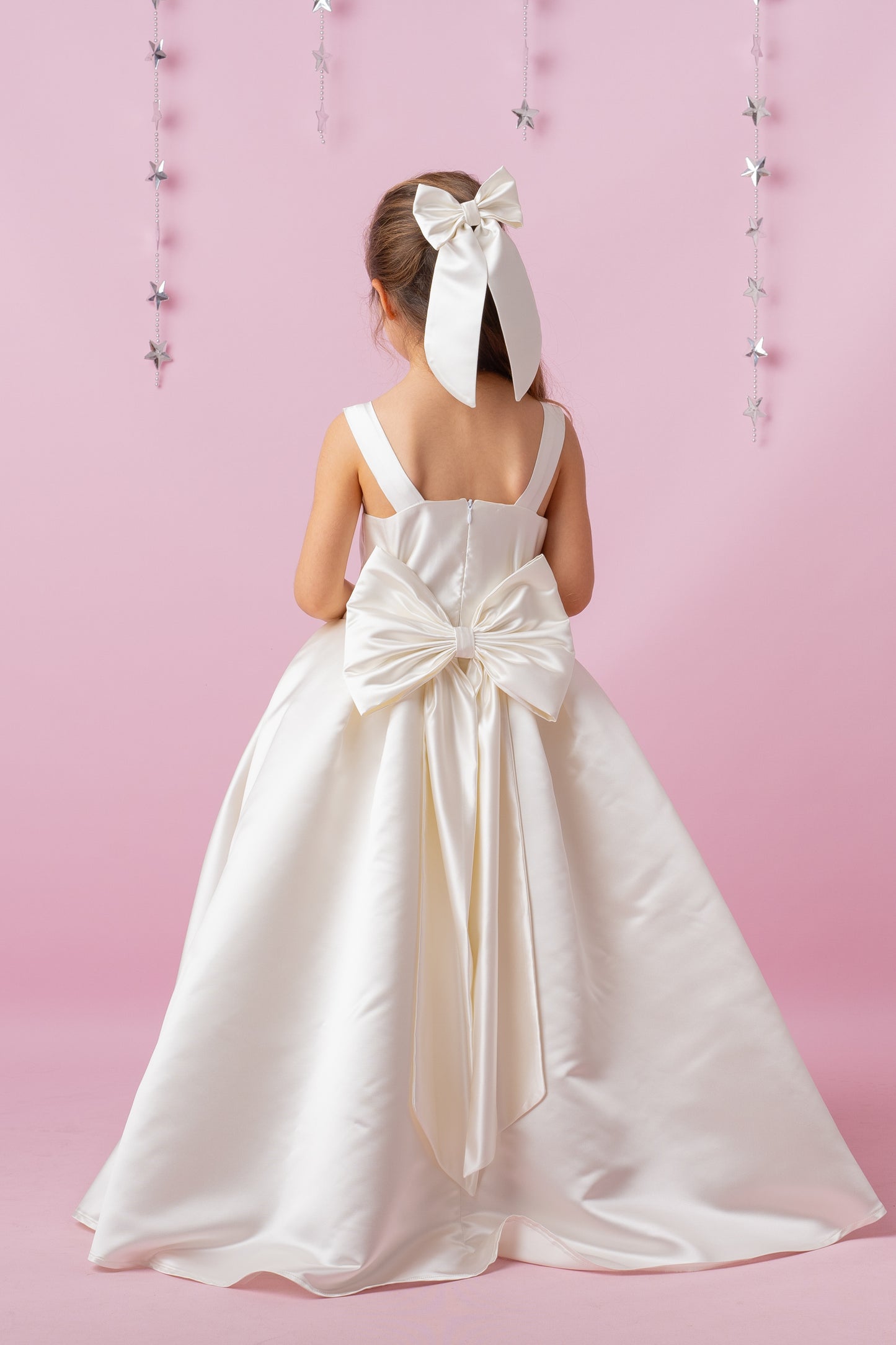 Ivory Satin Flower Girl Dress: Wedding Gown with Bow