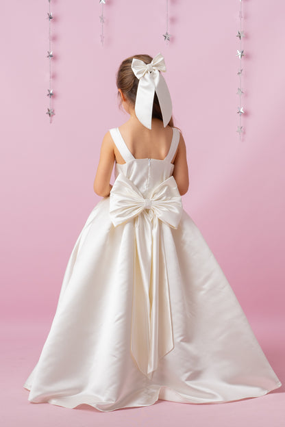 Ivory Satin Flower Girl Dress: Wedding Gown with Bow