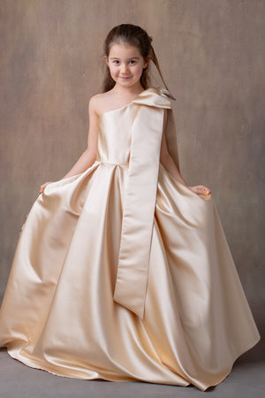 Champagne Satin One-Shoulder Flower Girl Dress with Bow & Personalized Bag Wedding Gown