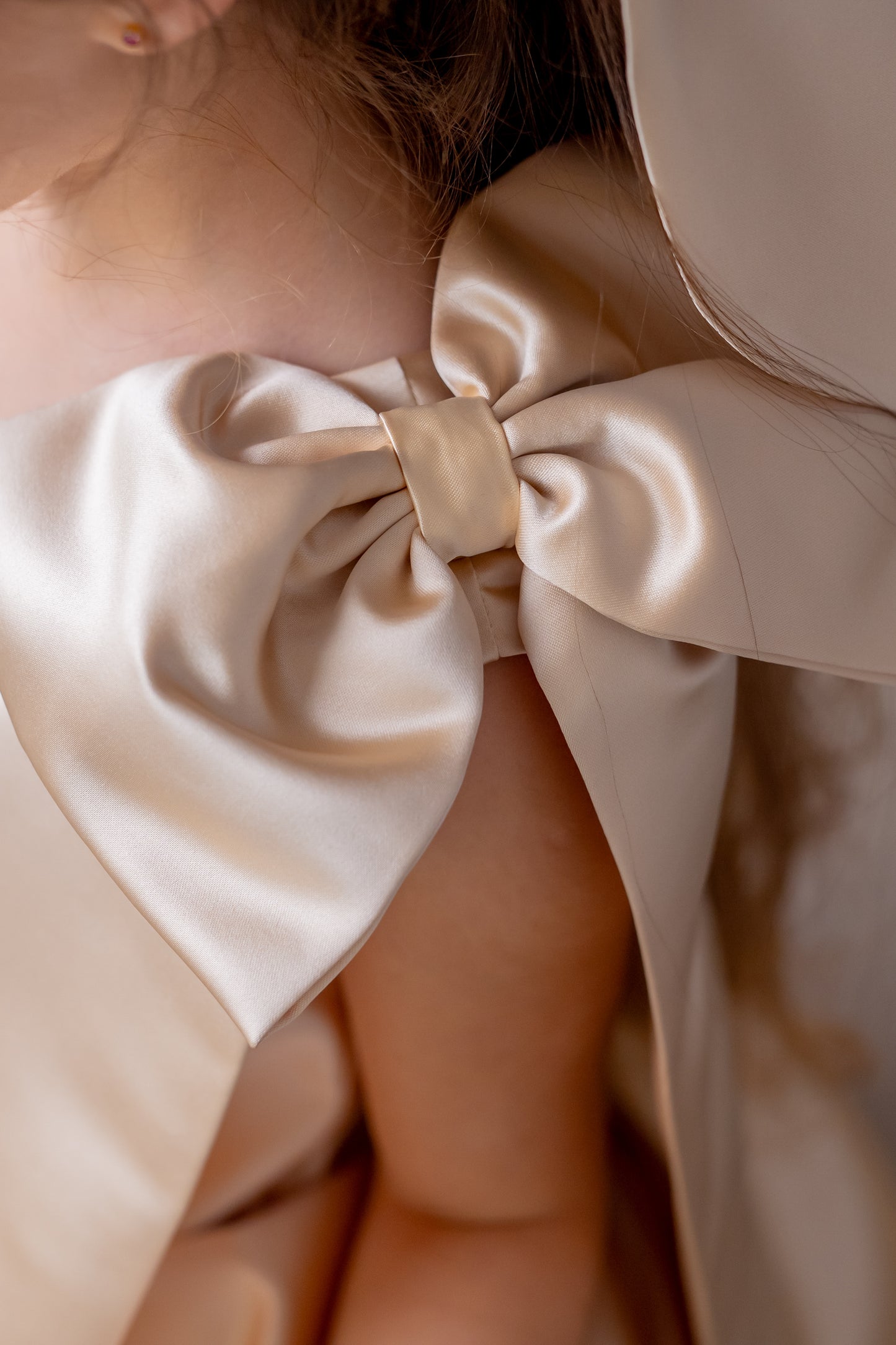 Champagne Satin One-Shoulder Flower Girl Dress with Bow & Personalized Bag Wedding Gown