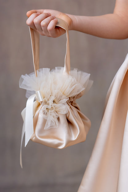 Champagne Satin One-Shoulder Flower Girl Dress with Bow & Personalized Bag Wedding Gown