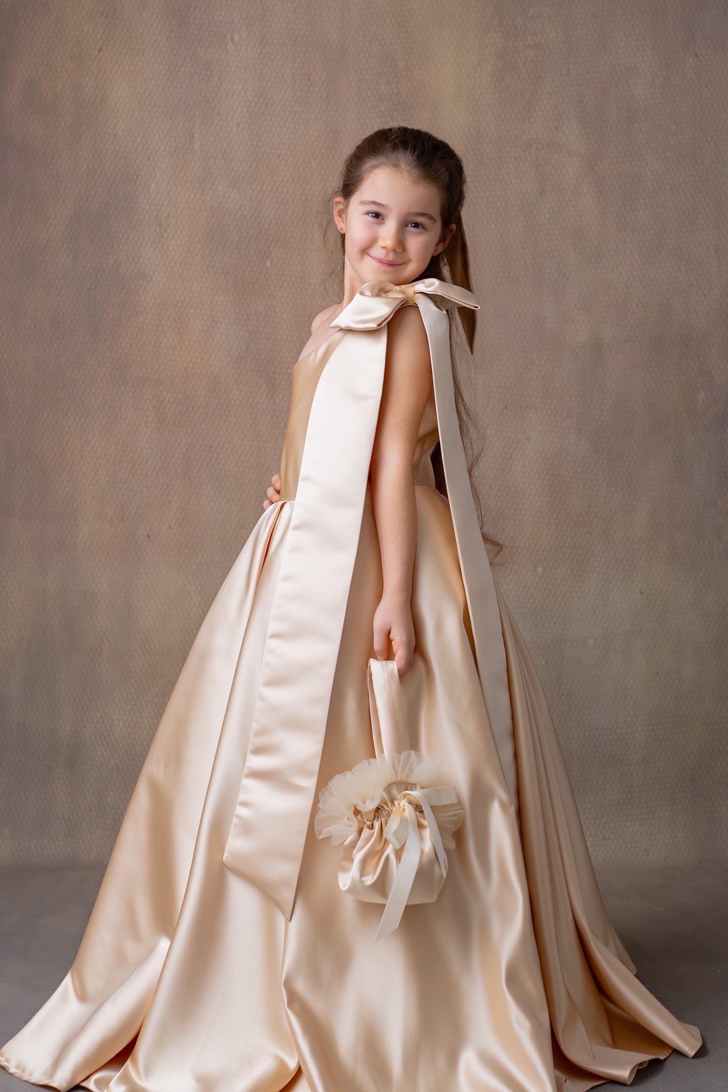 Champagne Satin One-Shoulder Flower Girl Dress with Bow & Personalized Bag Wedding Gown