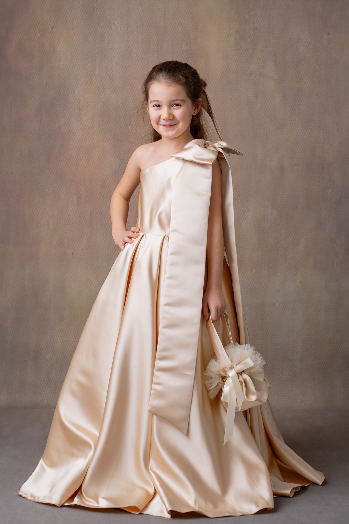 Champagne Satin One-Shoulder Flower Girl Dress with Bow & Personalized Bag Wedding Gown