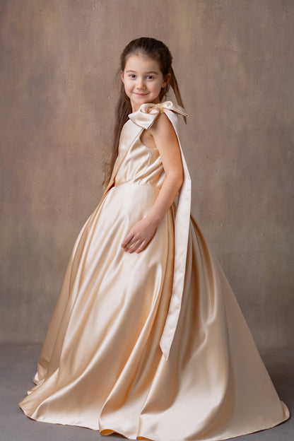 Champagne Satin One-Shoulder Flower Girl Dress with Bow & Personalized Bag Wedding Gown