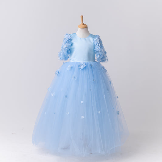 Baby Blue Satin Flower Girl Dress with Flower Hairbow - Personalized Wedding Gown for Girls