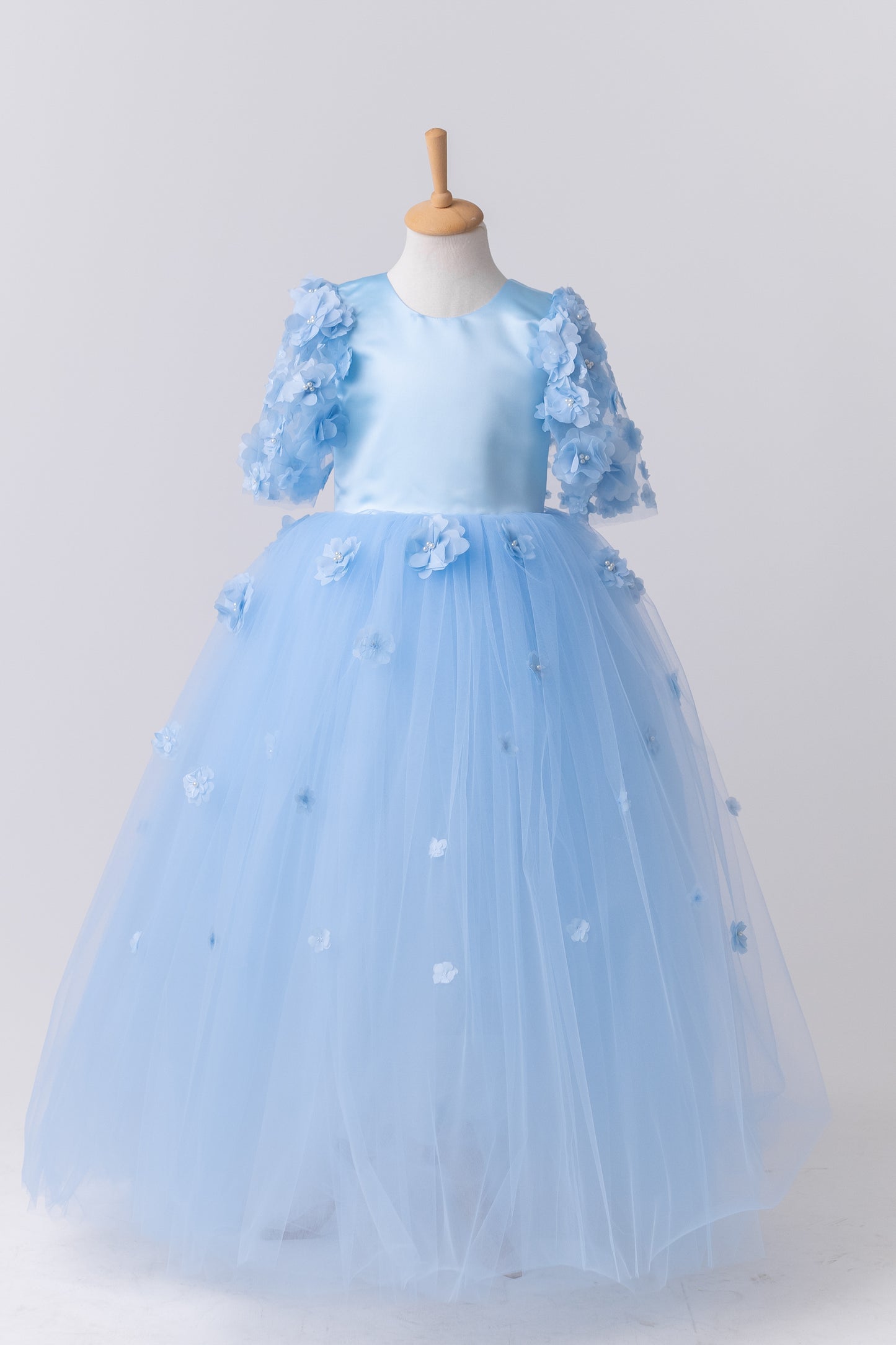 Baby Blue Satin Flower Girl Dress with Flower Hairbow - Personalized Wedding Gown for Girls
