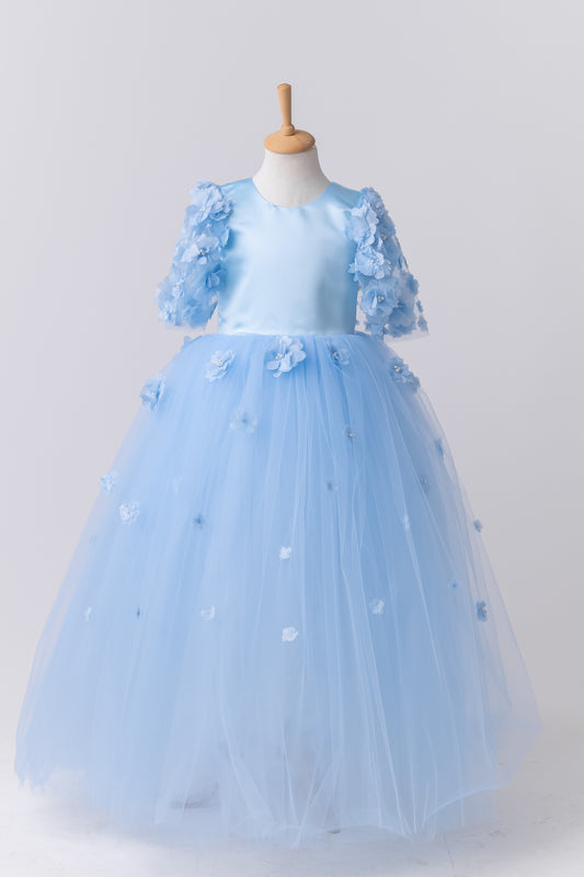 Baby Blue Satin Flower Girl Dress with Flower Hairbow - Personalized Wedding Gown for Girls