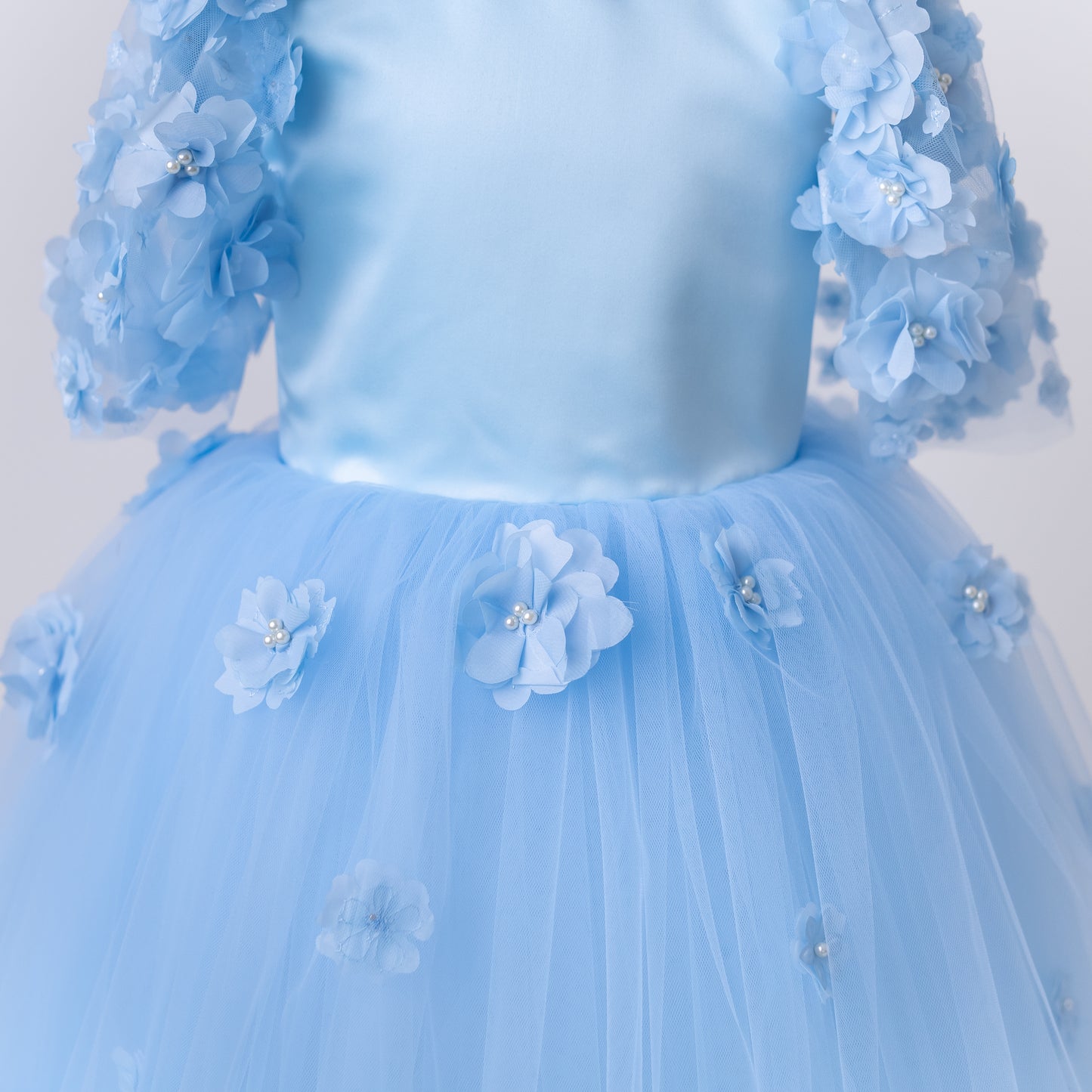 Baby Blue Satin Flower Girl Dress with Flower Hairbow - Personalized Wedding Gown for Girls