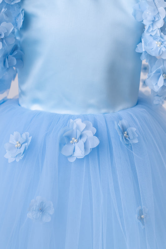 Baby Blue Satin Flower Girl Dress with Flower Hairbow - Personalized Wedding Gown for Girls