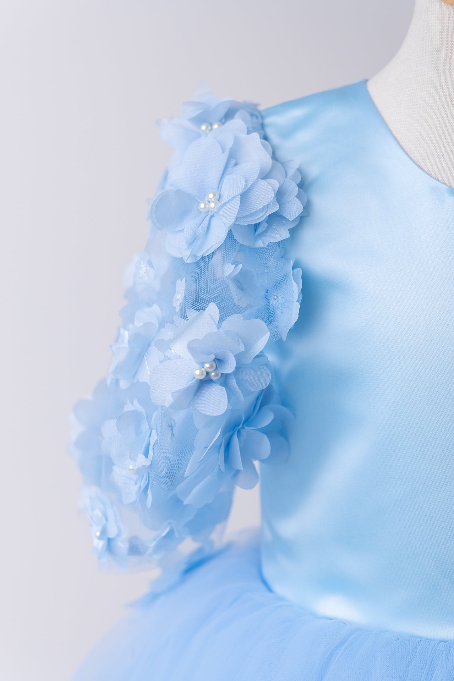 Baby Blue Satin Flower Girl Dress with Flower Hairbow - Personalized Wedding Gown for Girls
