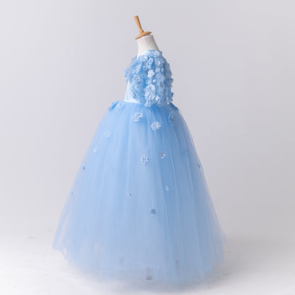 Baby Blue Satin Flower Girl Dress with Flower Hairbow - Personalized Wedding Gown for Girls