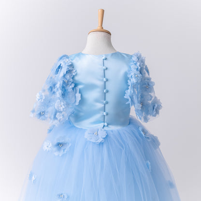 Baby Blue Satin Flower Girl Dress with Flower Hairbow - Personalized Wedding Gown for Girls