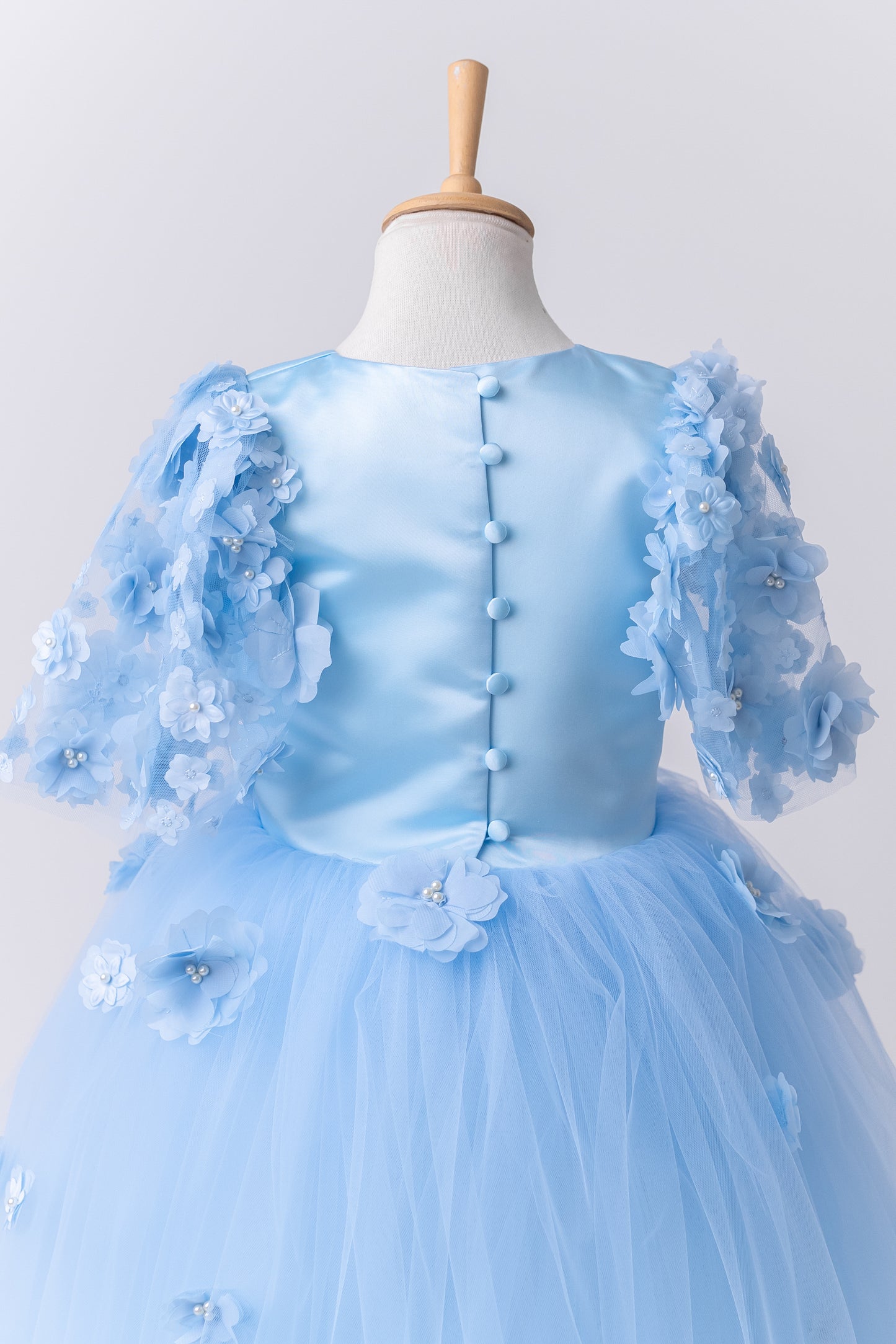 Baby Blue Satin Flower Girl Dress with Flower Hairbow - Personalized Wedding Gown for Girls