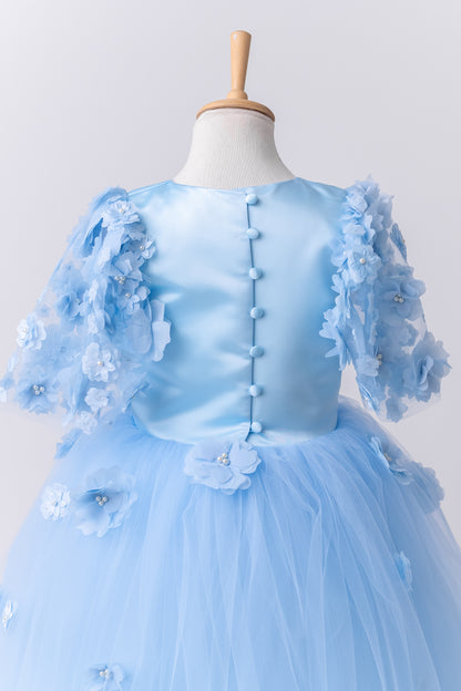Baby Blue Satin Flower Girl Dress with Flower Hairbow - Personalized Wedding Gown for Girls