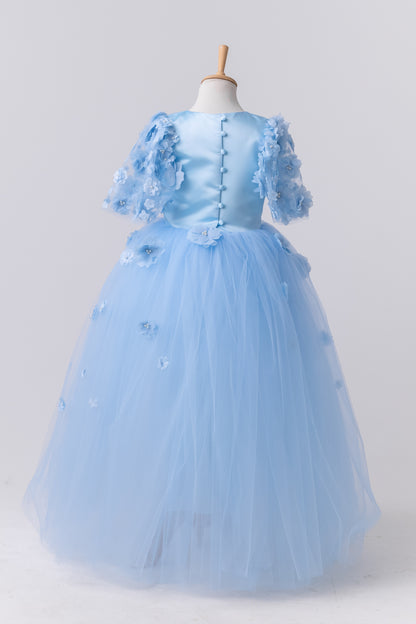 Baby Blue Satin Flower Girl Dress with Flower Hairbow - Personalized Wedding Gown for Girls