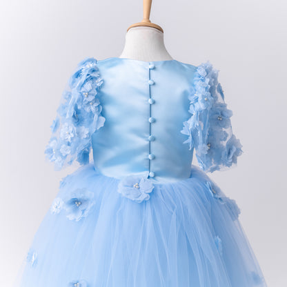 Baby Blue Satin Flower Girl Dress with Flower Hairbow - Personalized Wedding Gown for Girls